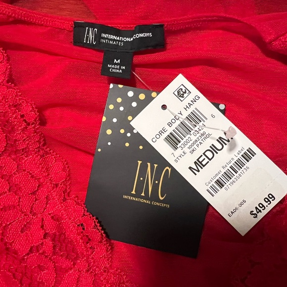 NWT INC International Concepts Long-Sleeve Lace Mesh Bodysuit Red - Picture 9 of 10
